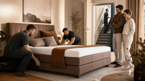 Boxspringbett lieferung schweiz in gemütlichem Schlafzimmer mit hohen Altbau-Fenstern
