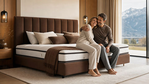 Modernes Schweizer Schlafzimmer mit amerikanischem Boxspringbett kaufen – warmes natürliches Licht, helles Interieur