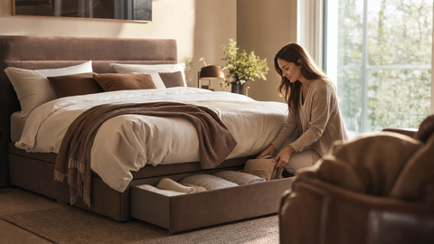 Modernes Schlafzimmer mit Boxspringbett mit Bettkasten in warmer, aufgeräumter Atmosphäre bei natürlichem Licht