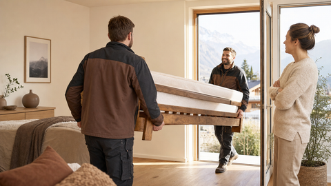 Altes Bett entsorgen Schweiz – Bettgestell und Matratze im Treppenhaus bereit zur Entsorgung