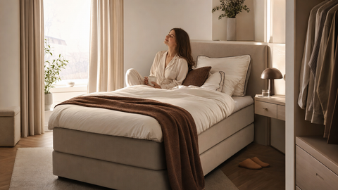 Boxspringbett 140x200 in einem kompakten, modern eingerichteten Schlafzimmer mit warmem Morgenlicht
