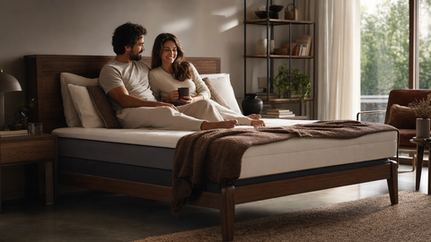 Boxspringbett Rahmen Holz oder Metall in einer neutralen Schweizer Wohnsituation
