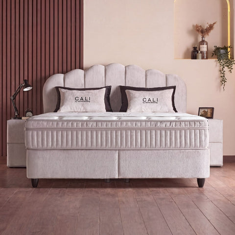 Cali Boxspringbett in Samt Velours Beige, Frontansicht mit muschelförmigem Kopfteil, Matratze und Topper im Schlafzimmer