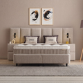 Davis Boxspringbett in Beige mit Stoffbezug, Frontansicht im Schlafzimmer mit Kopfteil, Matratze und Topper