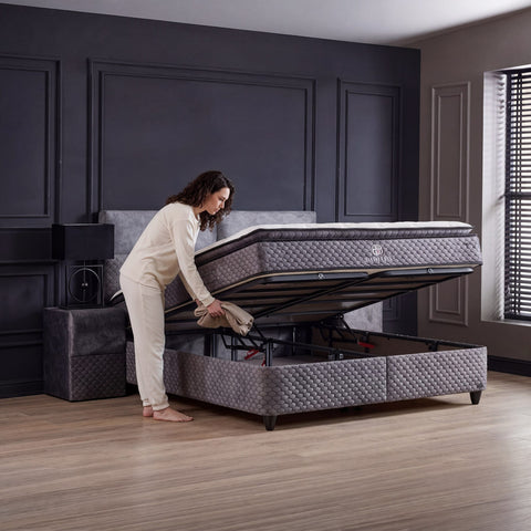 Babylon Boxspringbett Samt Grau mit hochgeklapptem Bettkasten und viel Stauraum unter der Liegefläche