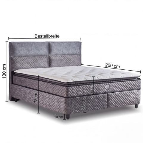 Babylon Boxspringbett Samt Grau mit Massangaben 200 cm Länge und 130 cm Höhe inklusive Matratze und Topper