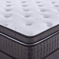 Belvano Hamilton Boxspringbett in Grau – Nahaufnahme des Matratzen Topper Aufbaus mit gesteppter weisser Oberfläche und grauem Webstoff Unterbau