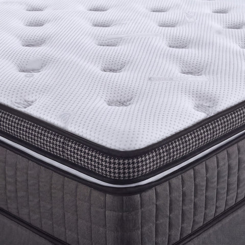 Belvano Hamilton Boxspringbett in Grau – Nahaufnahme des Matratzen Topper Aufbaus mit gesteppter weisser Oberfläche und grauem Webstoff Unterbau