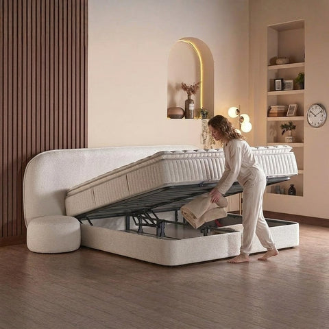 Brooklyn Boxspringbett – Samt Beige · mit Bettkasten · inkl. Matratze & Topper - Stauraum Moodbild