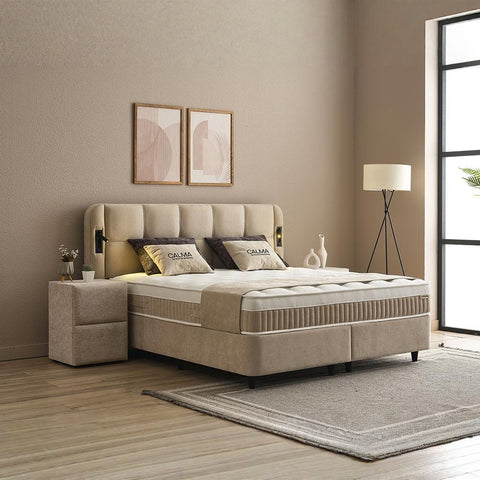 Calma Boxspringbett mit Bettkasten Stoff Beige Orthopädisch mit Matratze und Topper