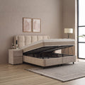 Calma Boxspringbett mit hochgeklapptem Lattenrost und offenem Bettkasten, praktischer Stauraum, Stoffbezug Beige