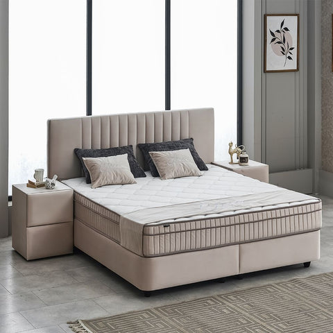 CLARA Boxspringbett mit Bettkasten Samt Braun-Beige Orthopädisch mit Matratze und Topper