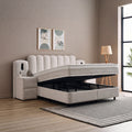 Dream Boxspringbett Beige aus der Perspektive mit geöffnetem Bettkasten, Stauraum und Stoffbezug neben Nachttisch