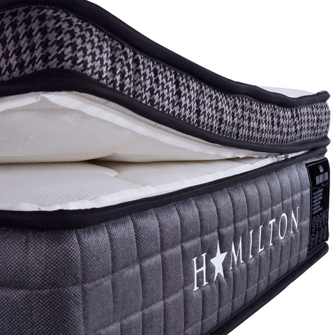 Seitliches Detail der Hamilton Matratze mit Pillowtop-Topper und Webstoff-Bezug für hohen Liegekomfort