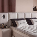 Lennon Boxspringbett Detail: gestepptes Kopfteil in Bouclé Beige mit Topper-Matratze und Lennon-Kissen