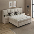 CONSO Boxspringbett Stoff Beige perspektivisch, gepolstertes Kopfteil, Matratze mit Topper und integrierten Nachttischen