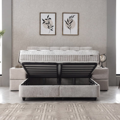 Lucia Boxspringbett Grau-Beige mit geöffnetem Bettkasten, freiliegender Rahmen zeigt Stauraum unter Matratze und Topper