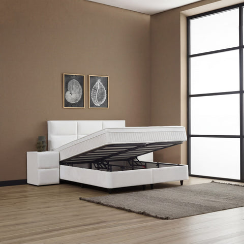 ZENZA Boxspringbett Creme mit geöffnetem Bettkasten, viel Stauraum unter der Liegefläche, Stoffbezug und Kopfteil