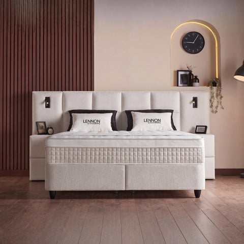 Lennon Boxspringbett – Bouclé Beige · mit Bettkasten · inkl. Matratze & Topper
