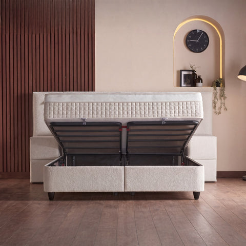 Lennon Boxspringbett – Bouclé Beige · mit Bettkasten · inkl. Matratze & Topper