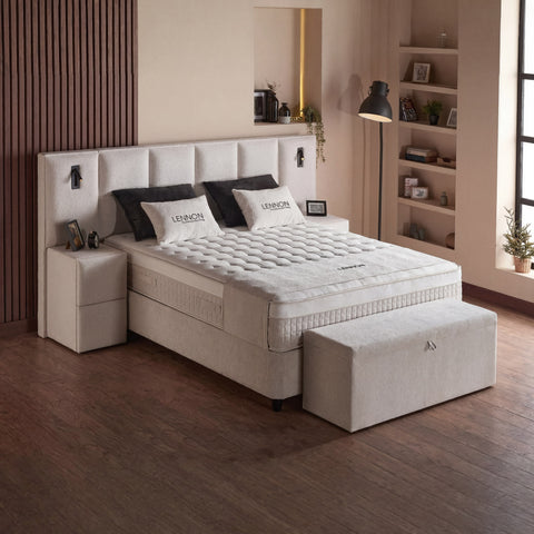 Lennon Boxspringbett – Bouclé Beige · mit Bettkasten · inkl. Matratze & Topper