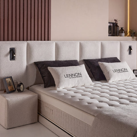 Lennon Boxspringbett – Bouclé Beige · mit Bettkasten · inkl. Matratze & Topper