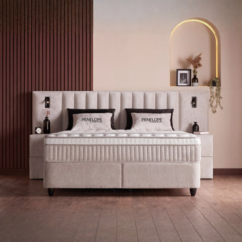 Penelope Boxspringbett – Bouclé Beige · mit Bettkasten · inkl. Matratze & Topper