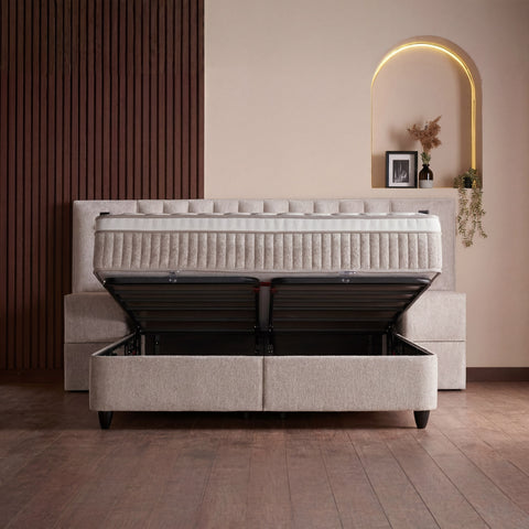 Penelope Boxspringbett – Bouclé Beige · mit Bettkasten · inkl. Matratze & Topper