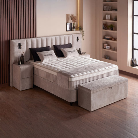 Penelope Boxspringbett – Bouclé Beige · mit Bettkasten · inkl. Matratze & Topper