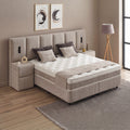 Davis Boxspringbett Beige seitlich mit Stoffbezug, Kopfteil und aufgebauter Matratze samt Topper für hohen Liegekomfort