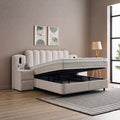 Dream Boxspringbett Beige aus der Perspektive mit geöffnetem Bettkasten, Stauraum und Stoffbezug neben Nachttisch