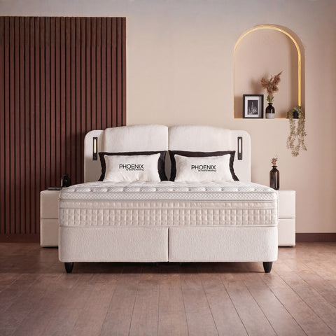 Phoenix Boxspringbett – Bouclé Beige · mit Bettkasten · inkl. Matratze & Topper