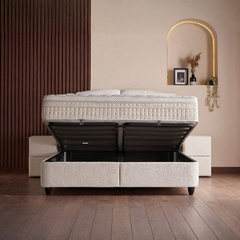 Phoenix Boxspringbett – Bouclé Beige · mit Bettkasten · inkl. Matratze & Topper