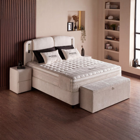 Phoenix Boxspringbett – Bouclé Beige · mit Bettkasten · inkl. Matratze & Topper