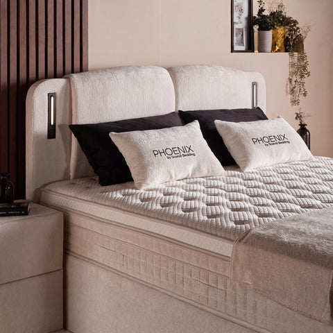 Phoenix Boxspringbett – Bouclé Beige · mit Bettkasten · inkl. Matratze & Topper