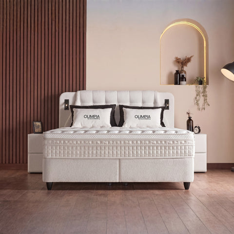 Olimpia Boxspringbett – Bouclé Beige · mit Bettkasten · inkl. Matratze & Topper