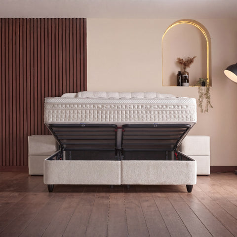 Olimpia Boxspringbett – Bouclé Beige · mit Bettkasten · inkl. Matratze & Topper