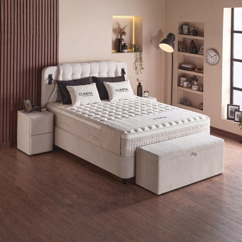 Olimpia Boxspringbett – Bouclé Beige · mit Bettkasten · inkl. Matratze & Topper