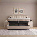 Wind Boxspringbett in Beige mit beidseitig geöffnetem Bettkasten und viel Stauraum, Frontansicht im Schlafzimmer