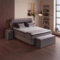 Sydney Boxspringbett in Grau, Seitenansicht mit Matratze, Topper und passender Bettbank aus Samt Velours