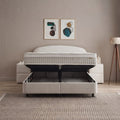 Fancy Boxspringbett in Samt Velours Beige mit geöffnetem Bettkasten von vorne, grosser Stauraum unter angehobener Matratze