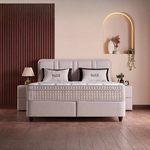 Alice Boxspringbett – Bouclé Beige · mit Bettkasten · inkl. Matratze & Topper