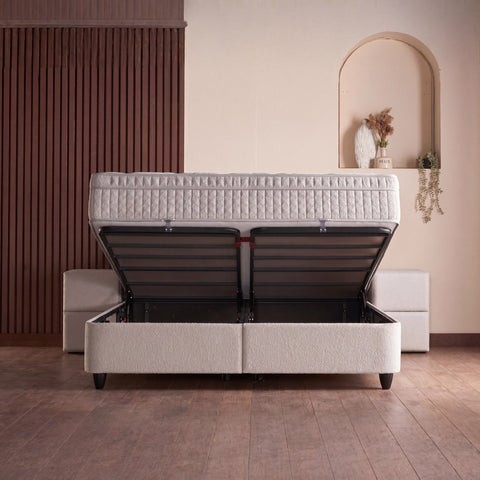 Alice Boxspringbett – Bouclé Beige · mit Bettkasten · inkl. Matratze & Topper