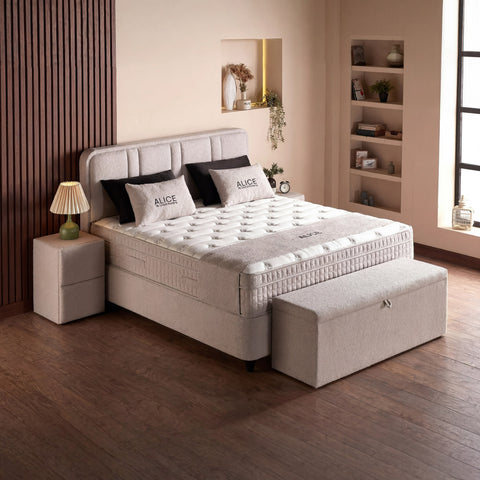 Alice Boxspringbett – Bouclé Beige · mit Bettkasten · inkl. Matratze & Topper