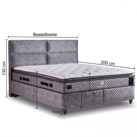 Babylon Boxspringbett Samt Grau mit Massangaben 200 cm Länge und 130 cm Höhe inklusive Matratze und Topper