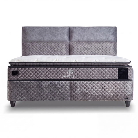 Babylon Boxspringbett Samt Grau Frontansicht mit gestepptem Velours-Bezug, Matratze und Topper