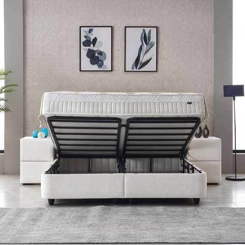 Laura Boxspringbett – Samt Crème · mit Bettkasten · inkl. Matratze & Topper