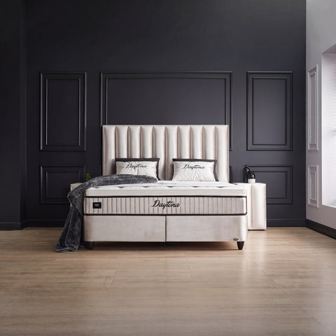 Daytona Boxspringbett – Samt Beige · mit Bettkasten · inkl. Matratze & Topper