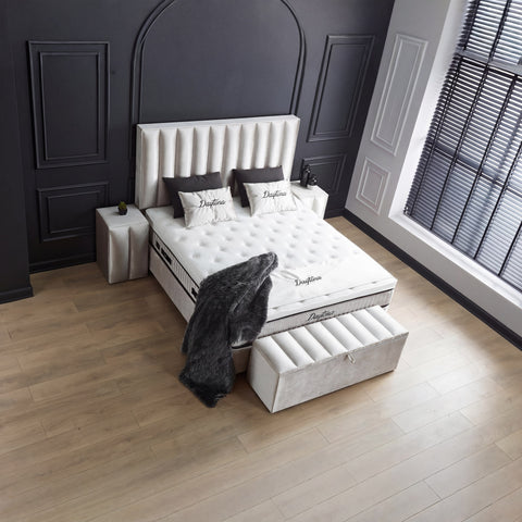 Daytona Boxspringbett – Samt Beige · mit Bettkasten · inkl. Matratze & Topper