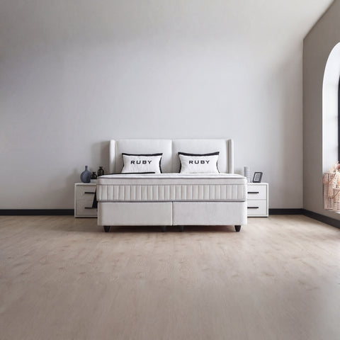 Ruby Boxspringbett – Velours Grau · mit Bettkasten · inkl. Matratze & Topper